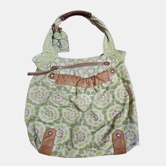 Vintage Fossil Shoulder Tote Bag Purse Canvas Leather Trim Green Mixed Print Y2K - Picture 1 of 10
